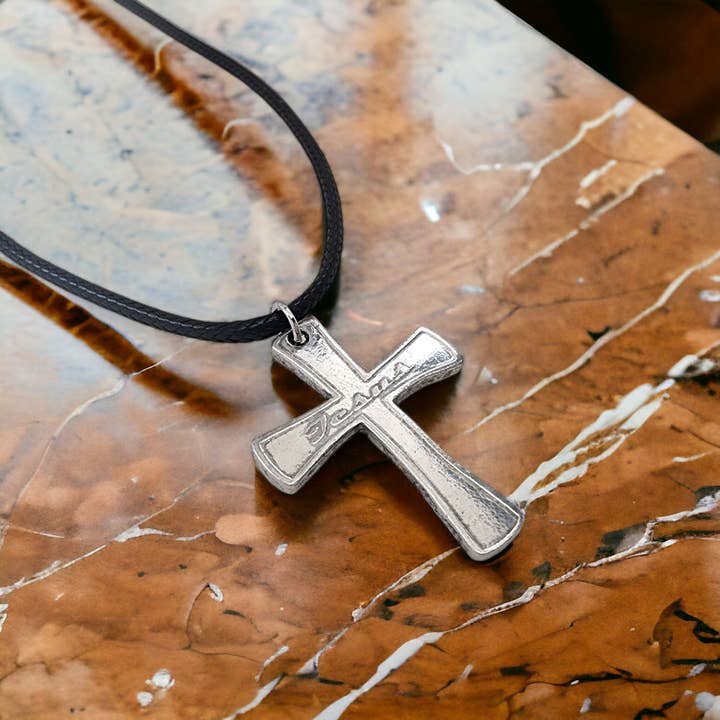 Jesus Cross Antique Silver Metal Finish Black Cord Necklace for wholesale by Forgiven Jewelry