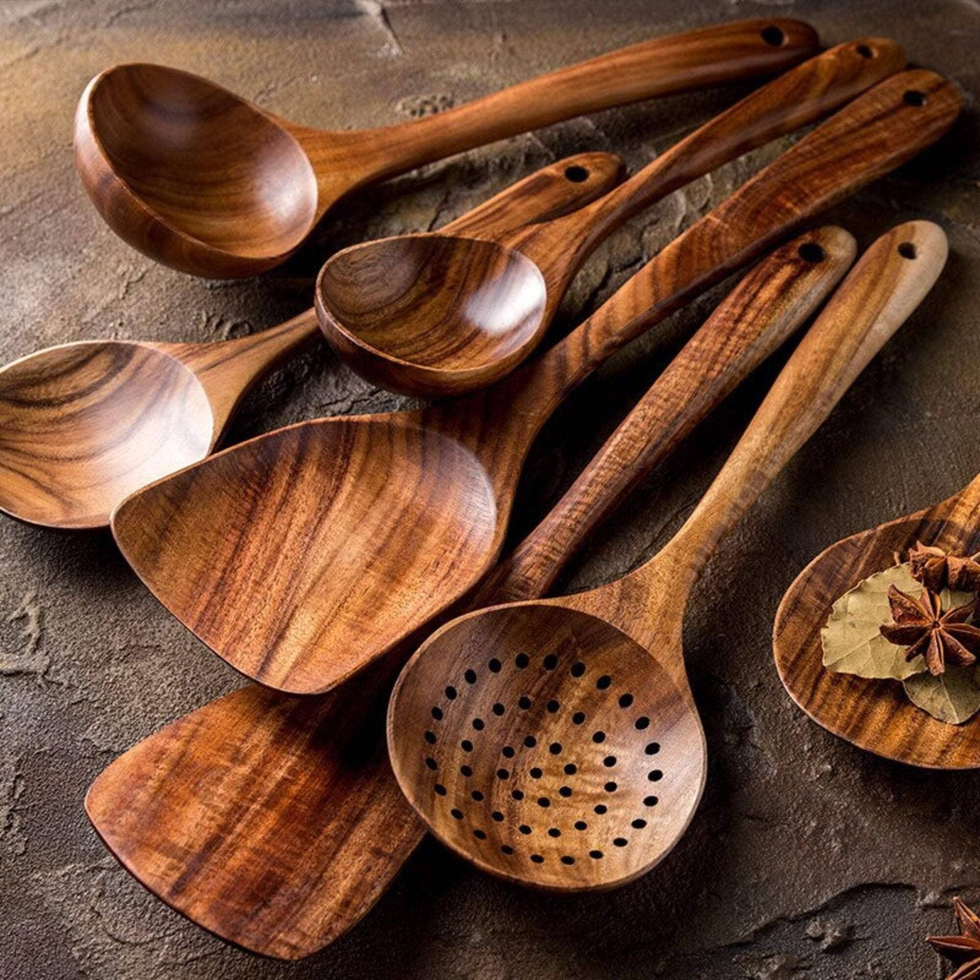 Homerely (We Cover All Import Duties) - Vente Assortiment d'ustensiles de cuisine - Ensemble d'ustensiles en bois traditionnel 7 pièces2