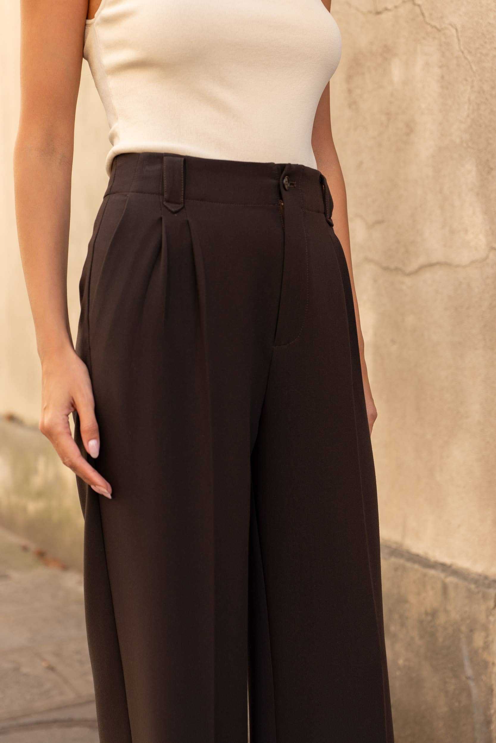 Attentif Paris – wholesale Kostymbyxor – Dam – [Aura] Vida högmidjade plisserade byxor med flytande tyg4