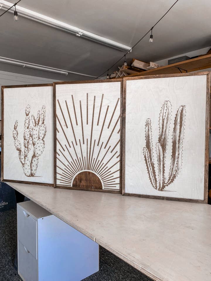 Cactus & Boho Sunburst Wood Wall Art | 3 Piece Set for wholesale by Birch and Home Handmade