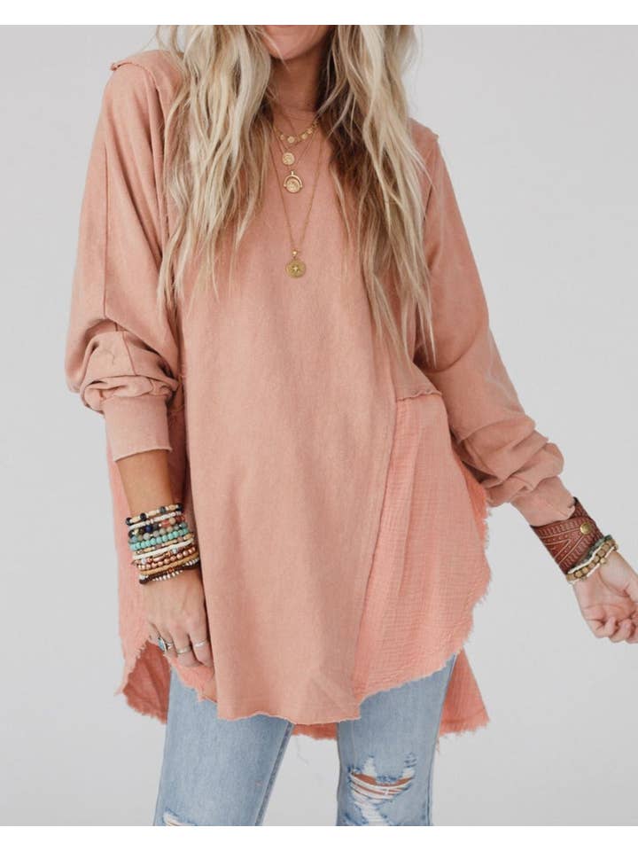 PRETTY BASH - Wholesale Tunic - Women's - Crinkle Patchwork Raw Edge Blouse