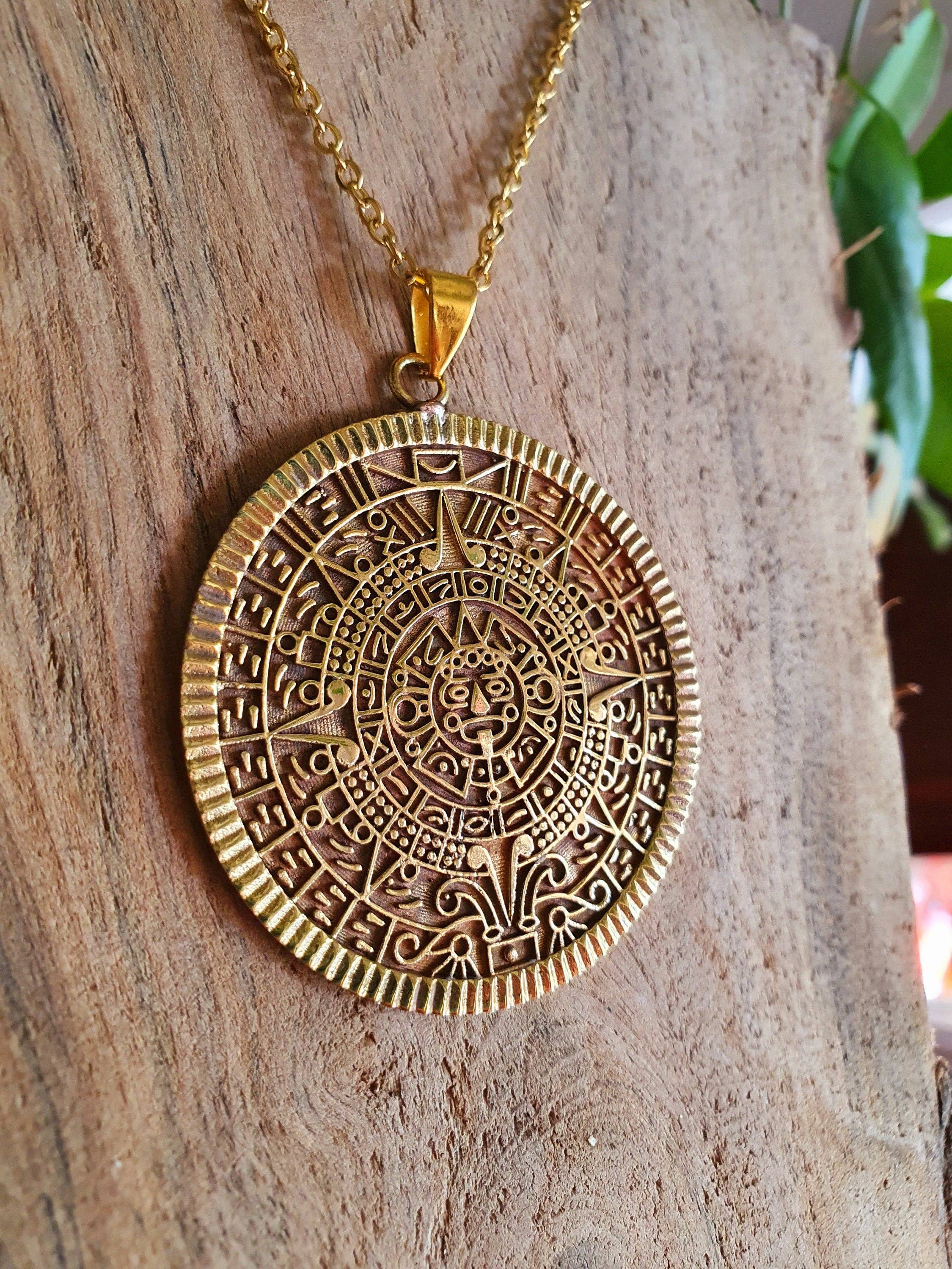 Kaali Boutique – wholesale Pendant/charm necklace – Gold Sacred Mayan Calendar Necklace / Hypoallergenic / Brass / Boho / Aztec / Inca / Ethnic / Hypoallergenic / Third Eye / Illuminati8