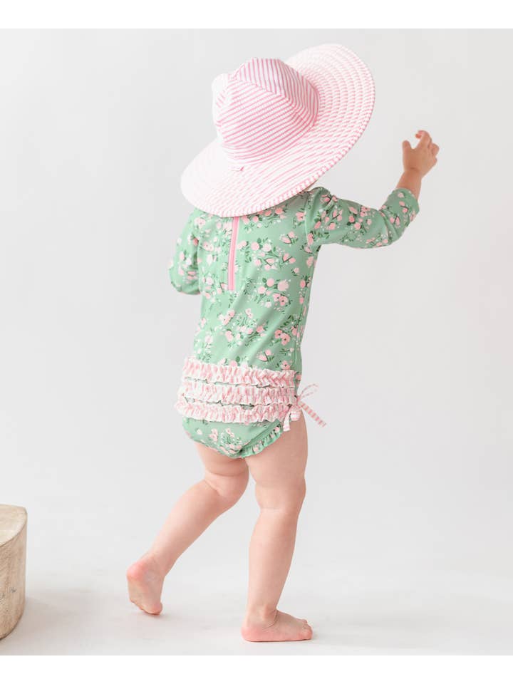 Vert Maillot de bain une pièce à manches longues avec roses de thé pour bébé fille et volants arrière signature en vente sur Faire5