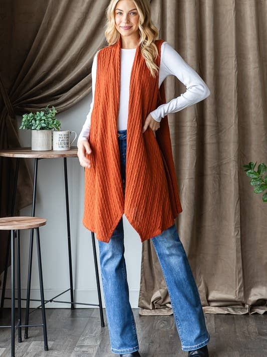 J0310HS46PL-Cardigã Aberto Sem Mangas em Malha Sólida Tamanho Grande por atacado de Sunday Morning