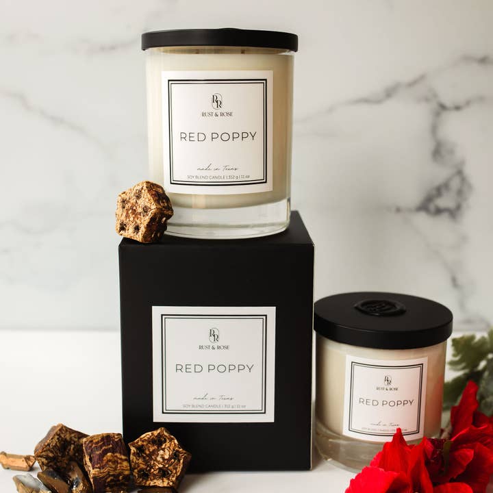 Red Poppy Soy Wax Candle, Wildflowers, Floral, Gifts for Her for wholesale by Rust & Rose | Luxury Non-Toxic Candles