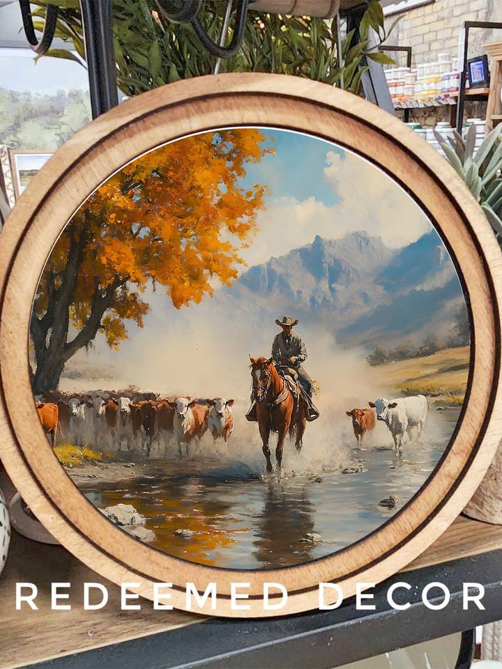 8" Round Cowboy Creek Art for wholesale by Redeemed Decor
