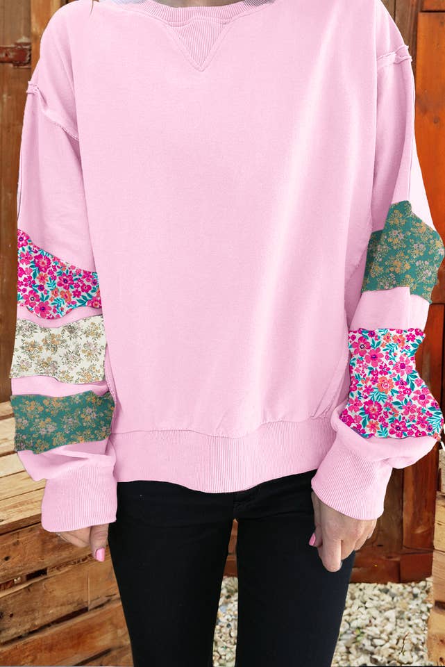 Pink Plus Size Mix Floral Patch Sleeve Rib Trim Baggy Sweatshirt for wholesale on Faire