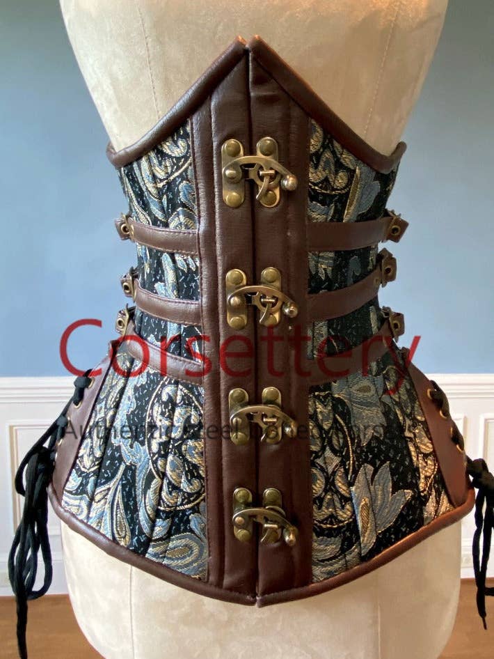 Double row steel boned authentic underbust brocade corset with leather bones. Western collection Hourglass waist training corset, coachella, exclusive steampunk corset, burlesque for wholesale by corsettery