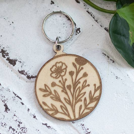 Floral Keychain, Wooden Keychain, Flower Key Ring, Plant Lady Gift Idea for wholesale by The McGarvey Workshop