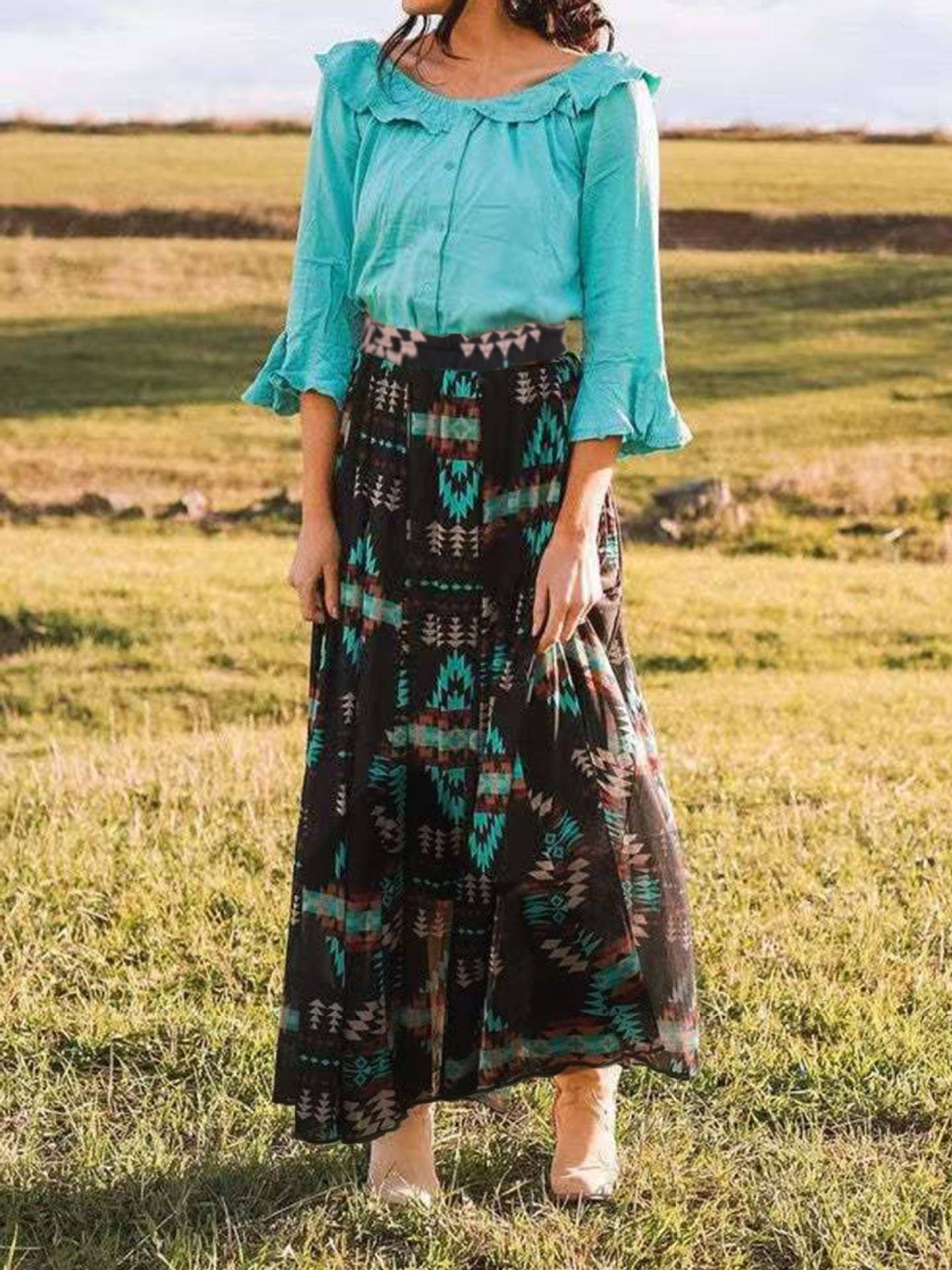 black Rodeo Queen Western Aztec pattern midi skirt for wholesale on Faire1