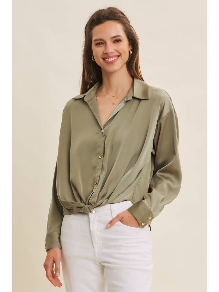 in february - Wholesale Button Down Shirt - Women's - BUTTON-DOWN KNOTTED SATIN SHIRT WITH LAPEL COLLAR