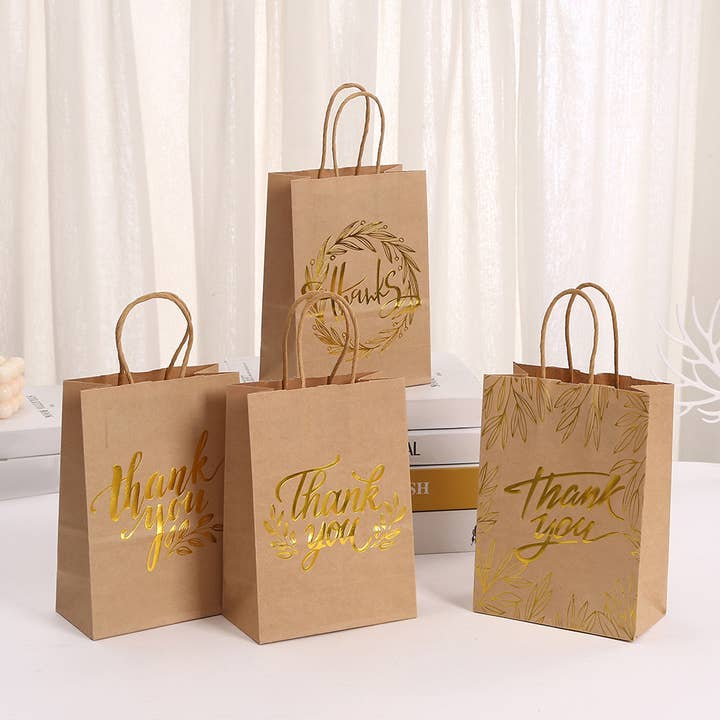 24pc, Gold Foil Thank you Leaf Wreath Kraft Paper Gift Bag for wholesale by ByHome