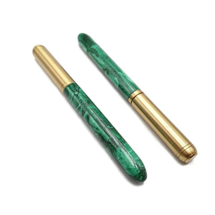 CRCBEADS - Wholesale Pen - Handmade Natural Malachite Stone Green & Gold Ball Point Writing Pen Sold By PC1