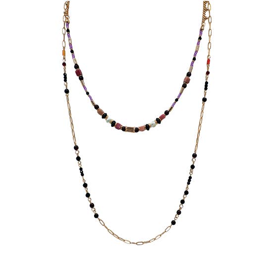 Collar largo de cadena mixta doble con cuentas, chapado en oro para venta al por mayor de Byzantium Collection Ltd