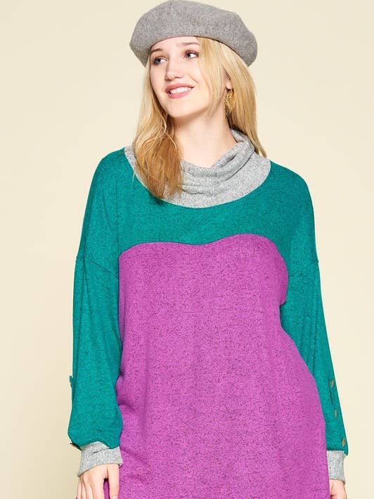 ETK-7948-PL Übergröße Farbblock Pullover mit Knopflärmeln für den Großhandel von Emerald Collection