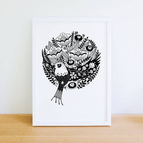 Black and White Floral Bird Print - A5 or A4 for wholesale by Wensdi Made
