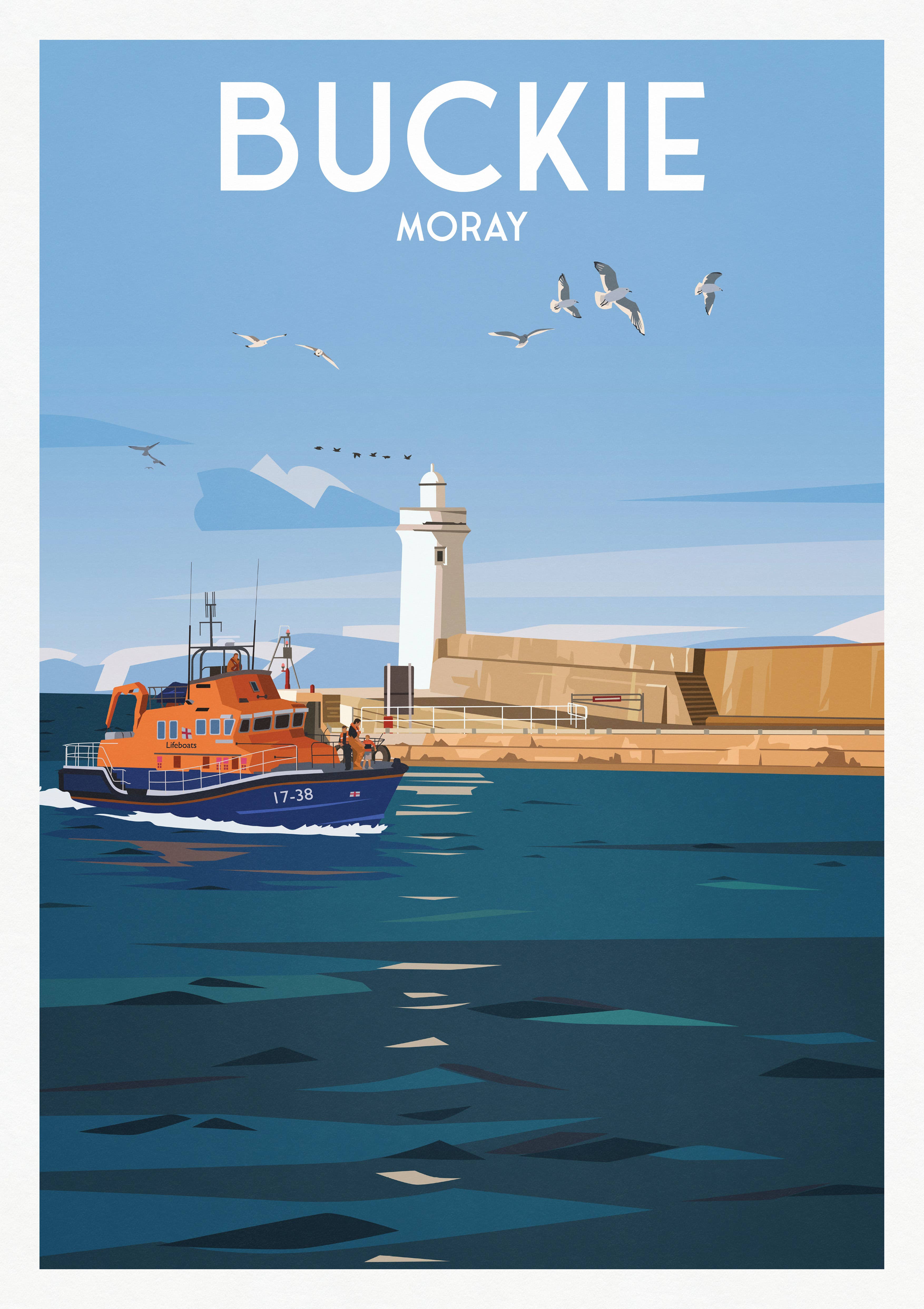 Printagonist – wholesale Art print – Buckie Moray Print - Lighthouse - Pier - Harbour - Lifeboat1