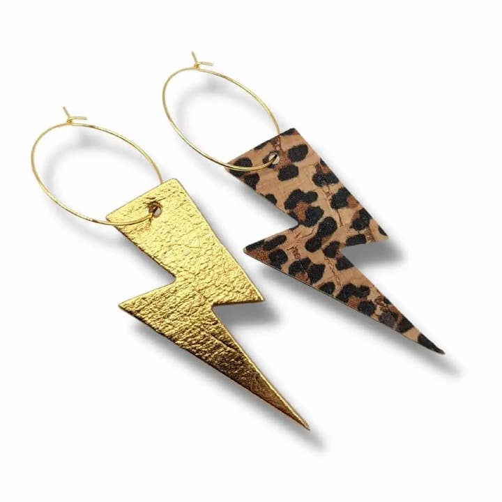 Gold and cheetah lightning bolt earrings for wholesale by Trend Tonic Ltd