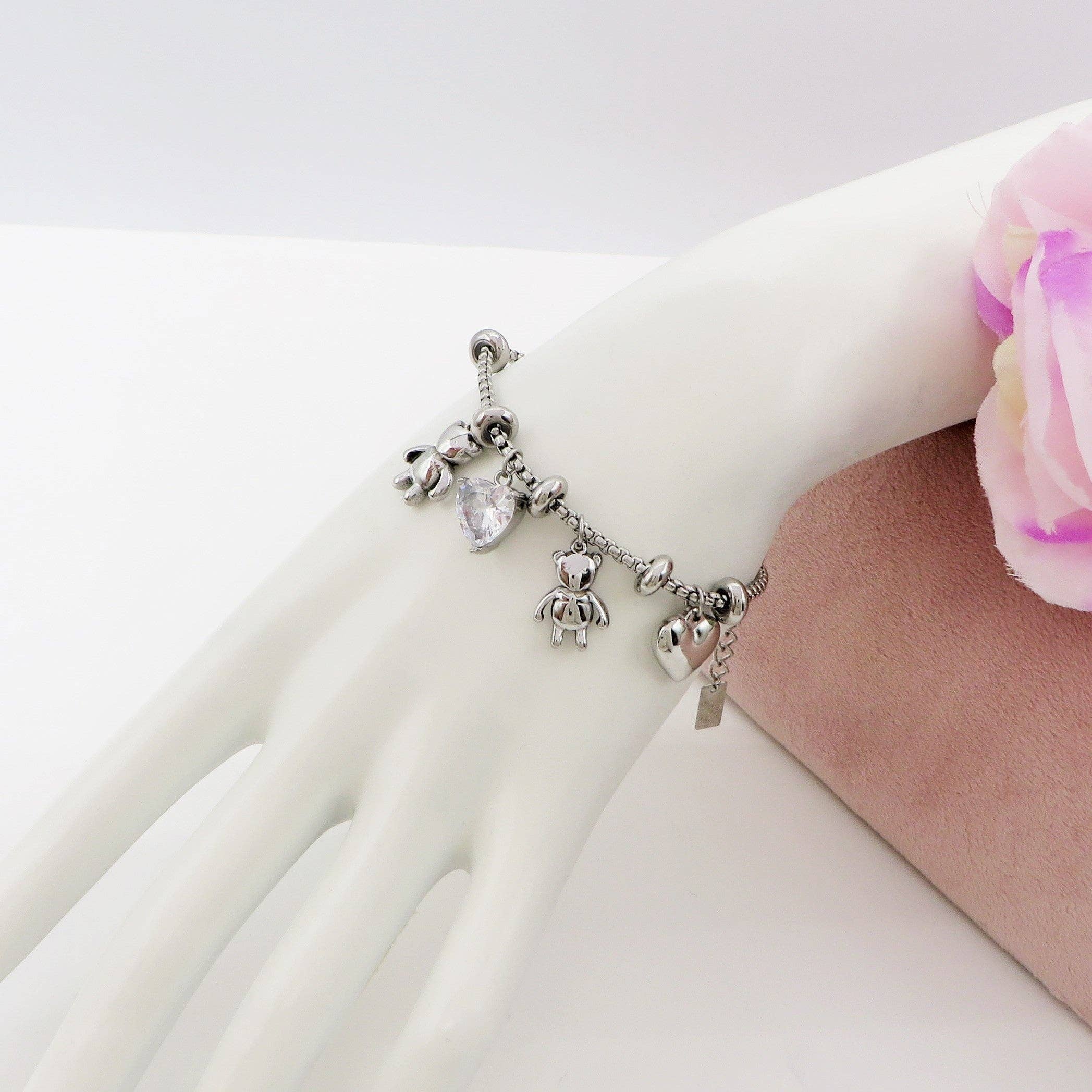 Daemon srls - Wholesale Charm/Dangle Bracelet - TEDDY - Bracciale con orsetti e cuori pendenti bombe' ACCIAIO INOSSIDABILE1