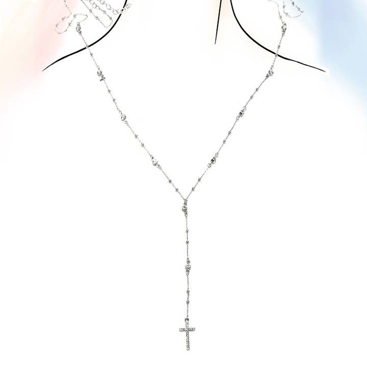 Silver BOHO Y NECK RHINESTONE STATION CROSS NECKLACE | 80N1076 for wholesale on Faire4