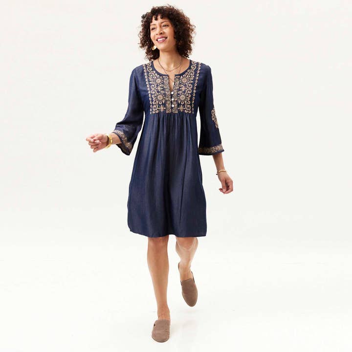 rockflowerpaper - Wholesale Dress - Women's - DENIM TENCEL Dress with Tan Embroidery