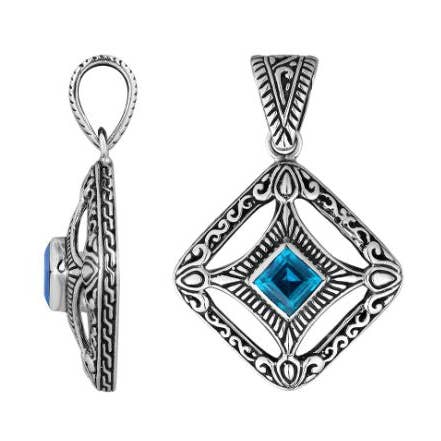 AP-6298-BT Sterling Silver Blue Topaz Quartz Square Filigree Pendant With Ornate Balinese Design And Handcrafted Silver Detailing for wholesale by Bali Designs