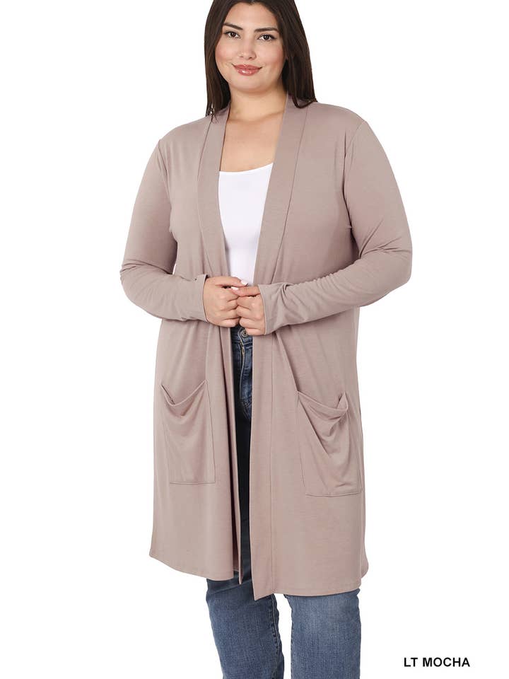 42POPS - Wholesale Cardigan - Women's - ..SI-7552 Plus Knee Length Slouchy Pocket Open Cardigan4