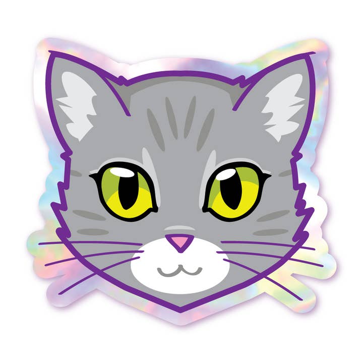 Grey Tabby - Green Eyes - Holographic Cat Sticker for wholesale by Schlady