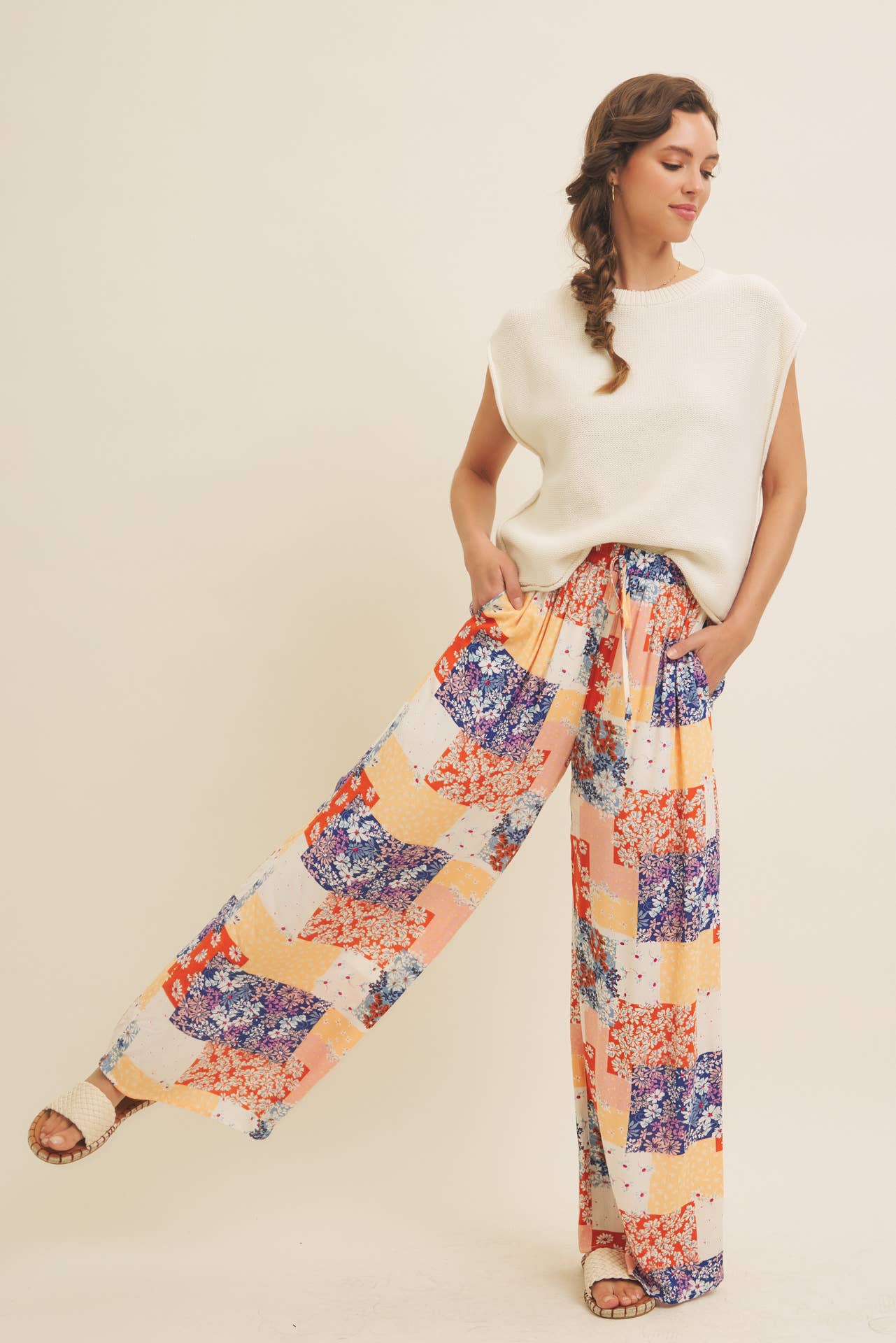 DENIM MULTI SOFT RAYON GAUZE FLORAL PATCHWORK WIDE LEG PANTS WITH POCKET for wholesale on Faire8