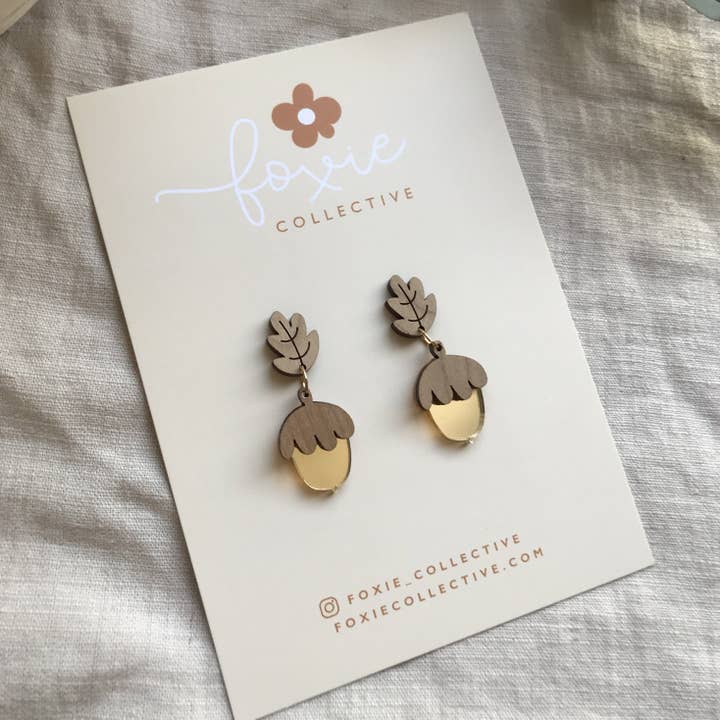 Foxie Collective - Wholesale Dangle Earrings - Acorn Earrings | Cherrywood + Gold | WHOLESALE