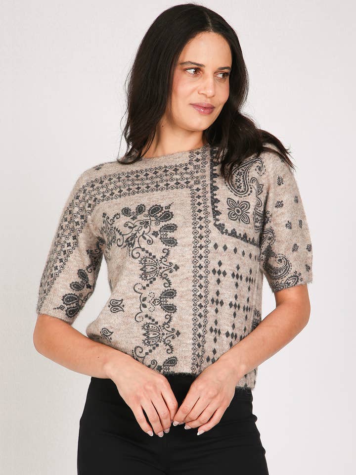Abstract Paisley Pattern Printed Knit Top PM2089 for wholesale by Beulah Style