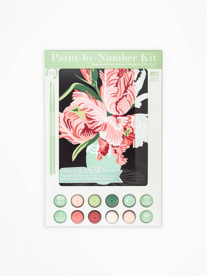 Parrot Tulips in Vase (black background) Paint-by-Number Kit for wholesale by Elle Crée (She Creates)
