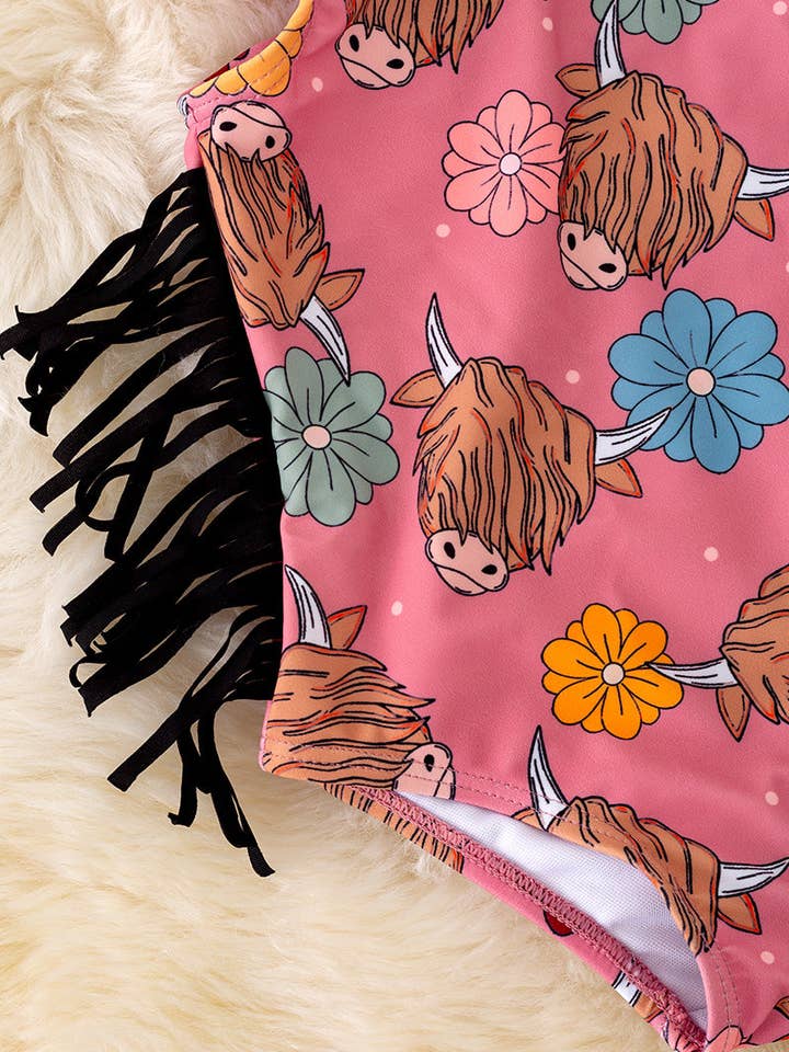 Kids Charm Online - Wholesale One Piece Swimsuit - Kids - Highland cow printed swimsuit with side fringe. SWG40025 JEAN