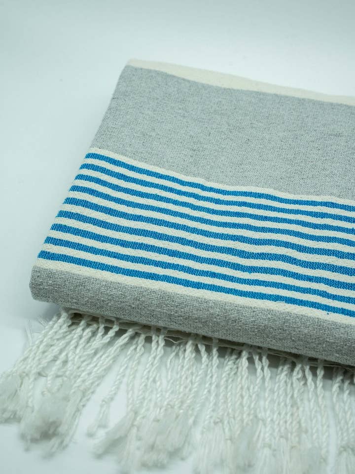 Cream and Grey Block with Turquoise Beach Blanket with Tassels for wholesale by Woven Mexico