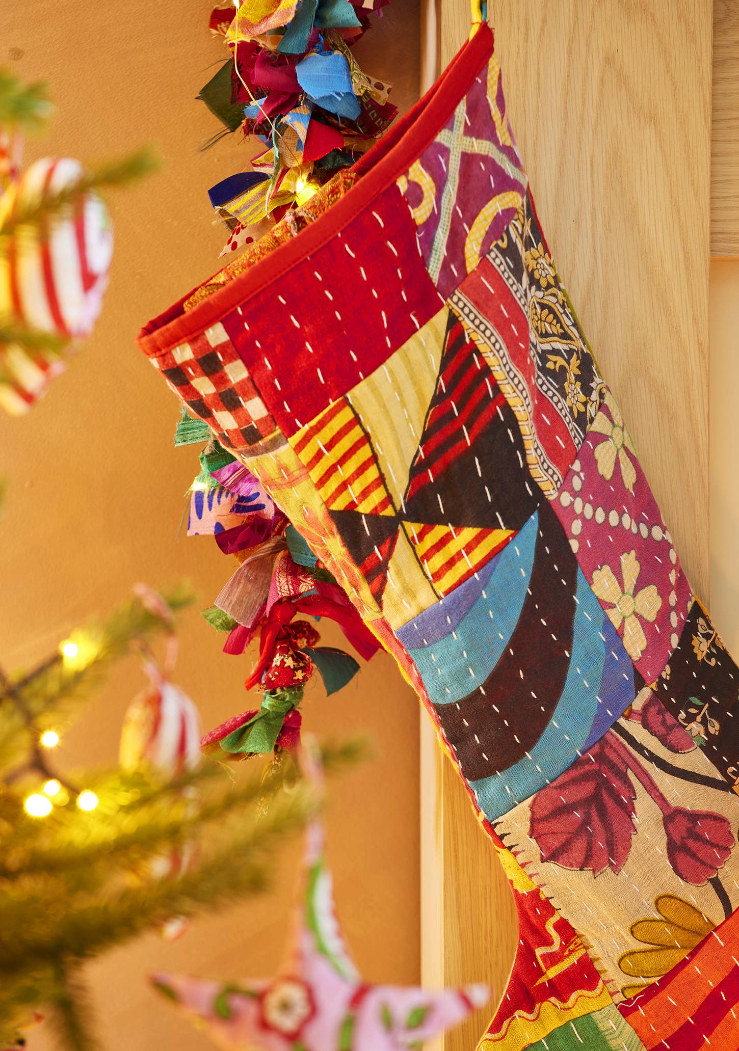 Namaste – wholesale Holiday Stocking – Recycled Kantha Patchwork Sari Stocking1