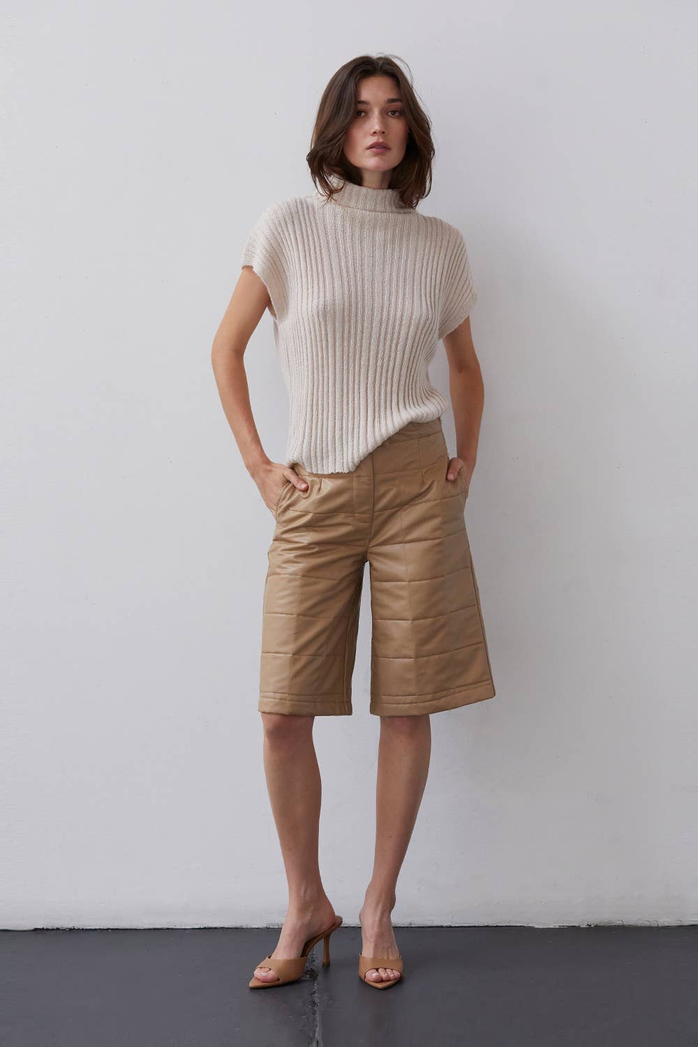 BEIGE CP8184 - Amanda Vegan Pu Leather Bermuda Quilted Shorts for wholesale on Faire1