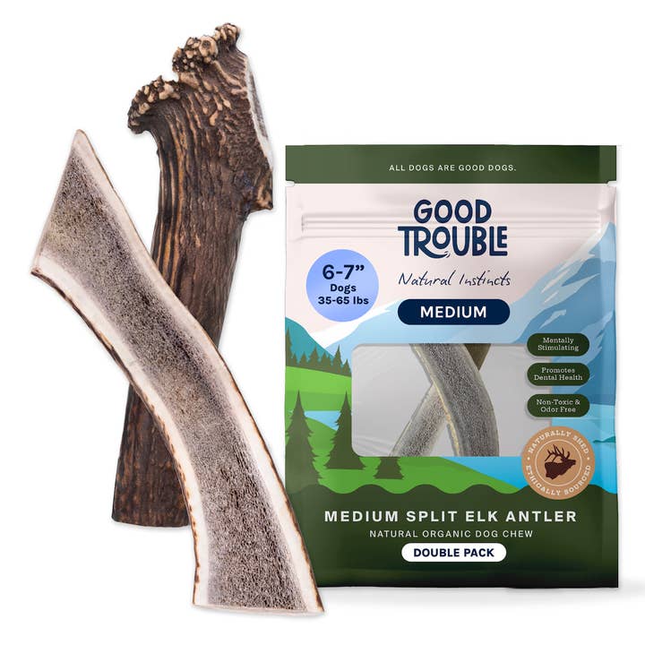 Wild Elk Antler Dog Chews – Medium Split (2 Pack) for wholesale by Good Trouble Pets