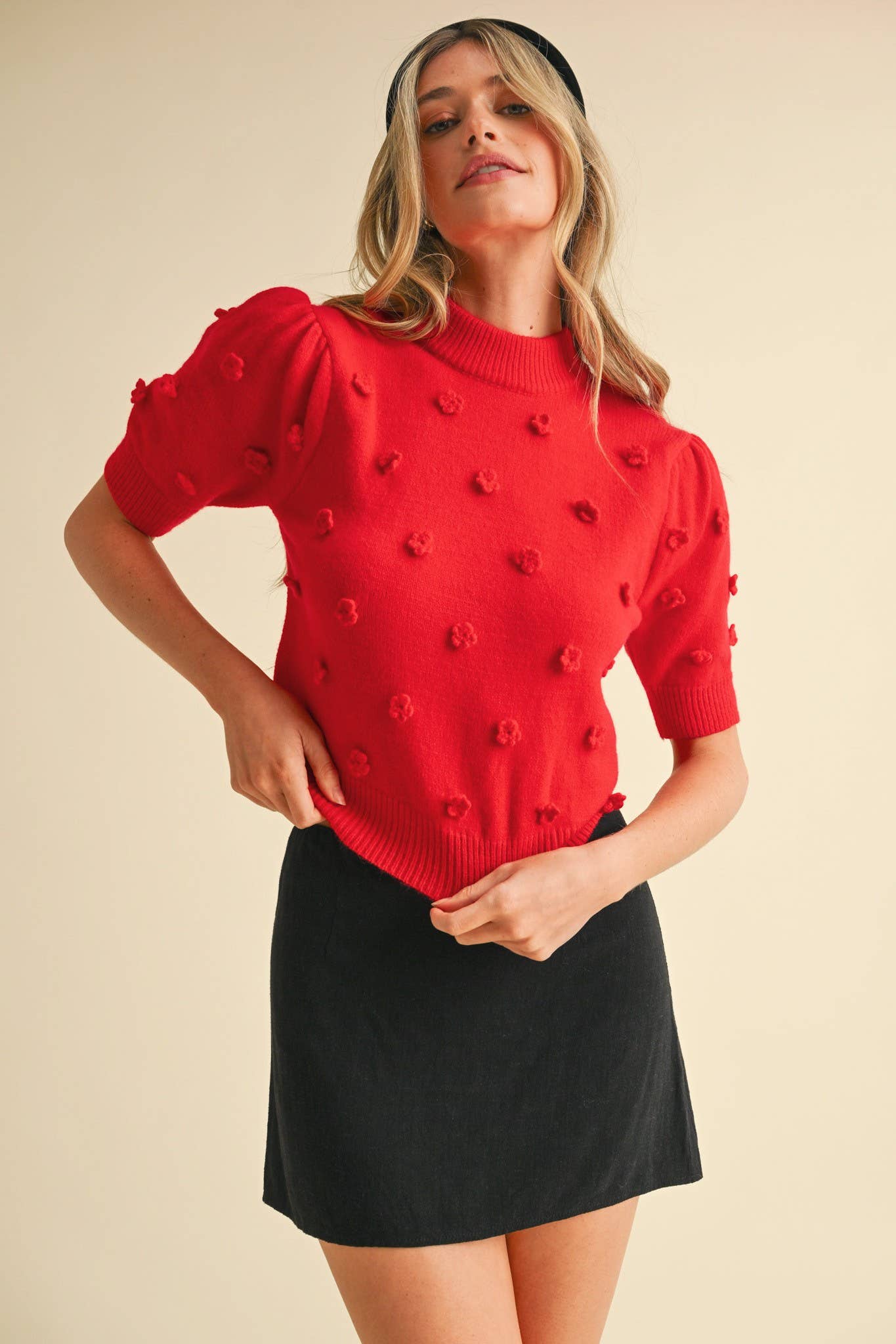 &MERCI - Wholesale Knit Sweater - Women's - 3D FLORAL KNIT SHORT SLEEVE SWEATER MSW105378