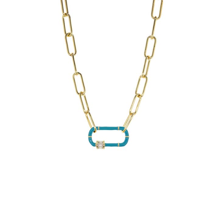 enamel carabiner brass necklace for wholesale by Marlyn Schiff