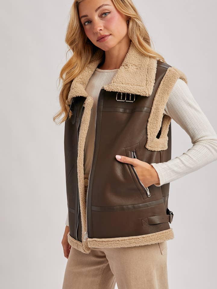 Bluivy - Wholesale Outerwear Vest - Women's - FAUX LEATHER WITH INNER FAUX SHEARLING AVIATOR VEST5