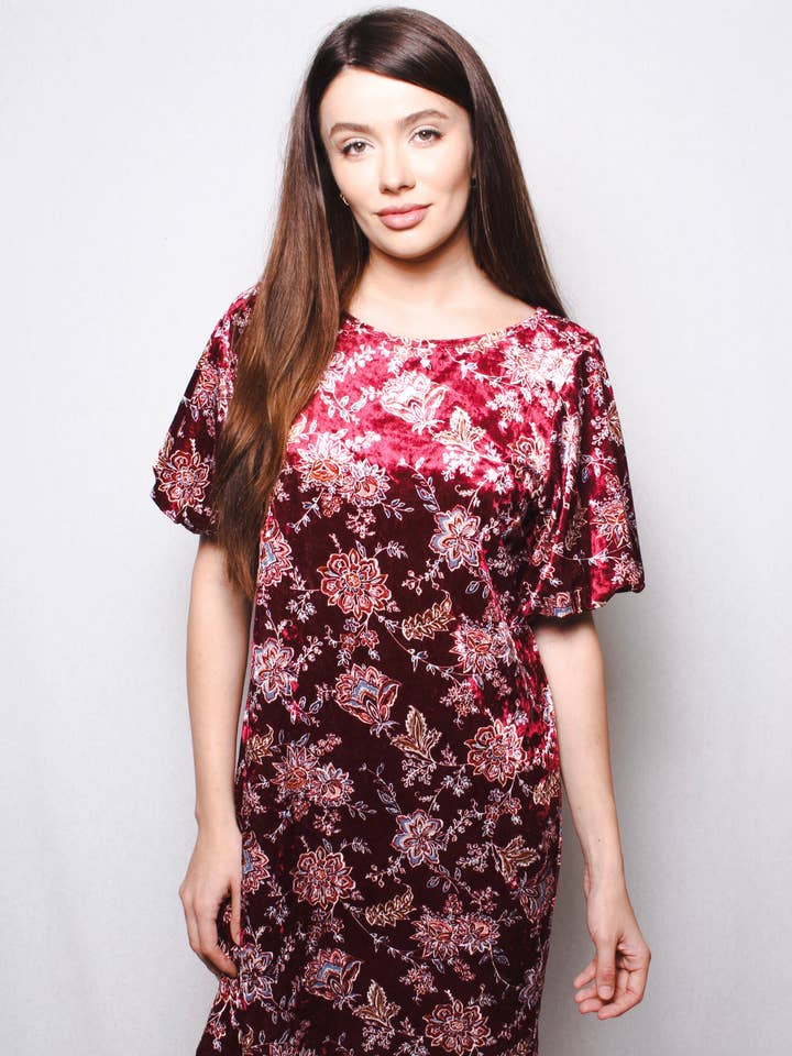 Vestido de túnica de manga corta con estampado floral de terciopelo para venta al por mayor de Good Stuff Apparel