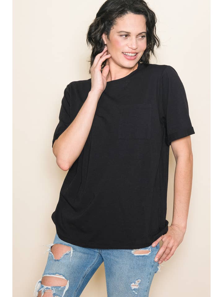 Elloh Collection – wholesale T-shirt – women's – Round Neck Boyfriend Fit Cotton T-Shirt with Front Pocket12