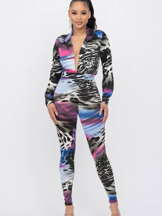 Venechia Tryckt Krage Långärmad Cardigan W Byxa för wholesale av Belita Collection