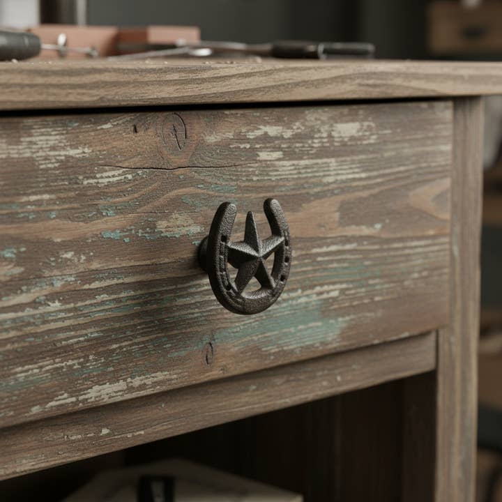 Horseshoe Star Cast Iron Drawer Pull, Western Cabinet Handles for wholesale by Iron & Blossom