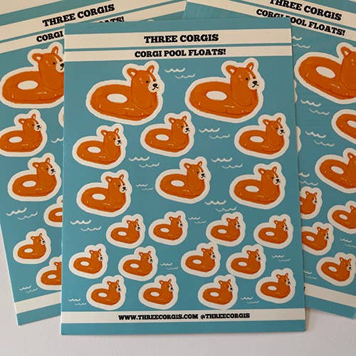CORGI POOL FLOAT STICKER SHEET for wholesale by Three Corgis