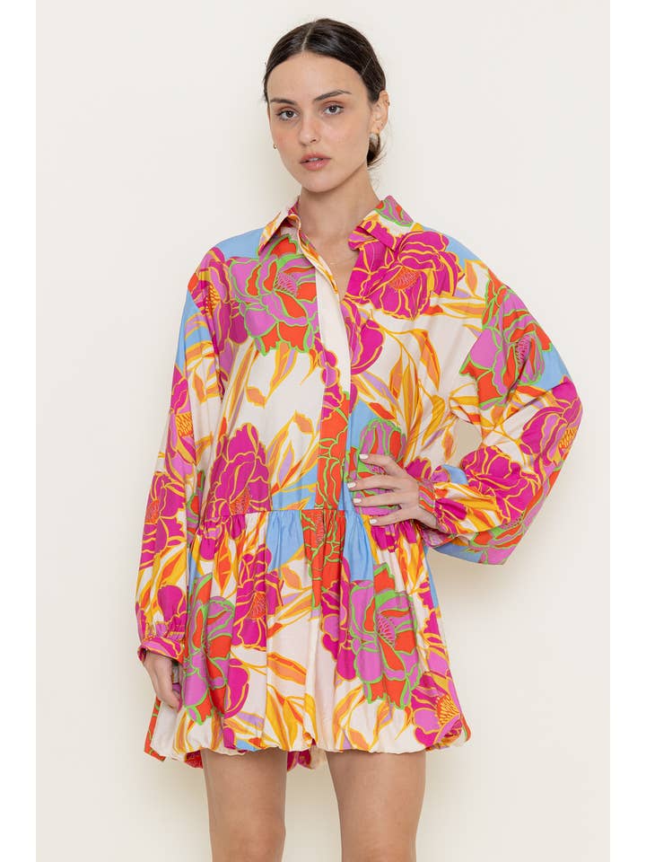 FLORAL LONG SLEEVE BUBBLE SKIRT MINI SHIRT DRESS-DD8843BFO for wholesale on Faire