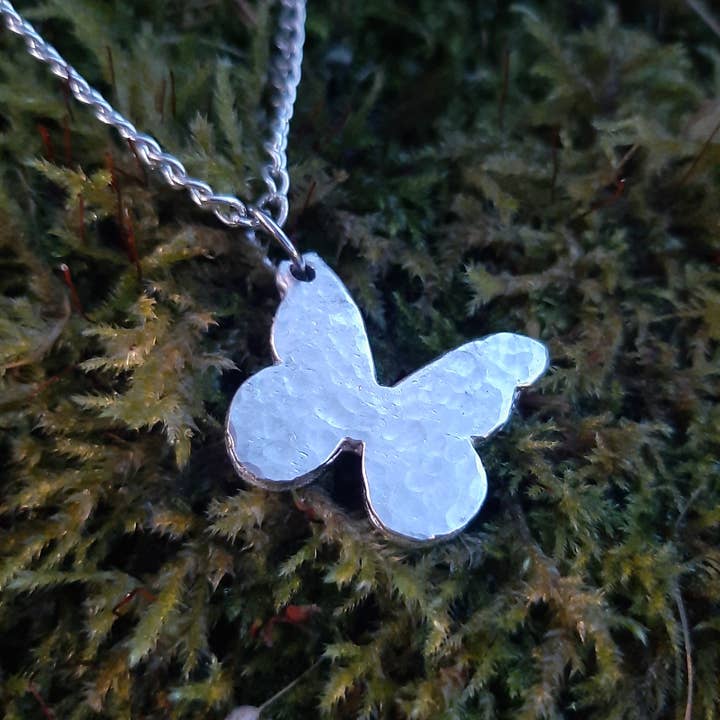 Rustic Butterfly Pendant Necklace - Silver chai for wholesale by Leska Kerrek