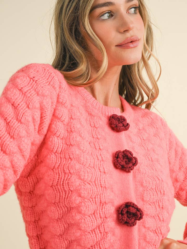 &MERCI - Wholesale Cardigan - Women's - TEXTURED SWEATER CARDIGAN WITH KNIT ROSETTE DETAIL MSW1073512