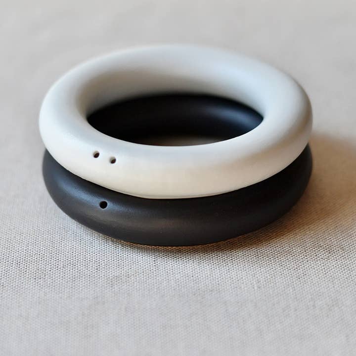RINGS B+W salt and pepper shakers for wholesale by Maia Ming Designs