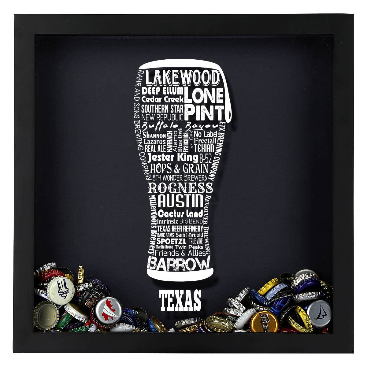 Torched Products - Vendita all'ingrosso Decorazione da parete 3D - State Beer Cap Shadow Box, nero, tipografia della birra artigianale39